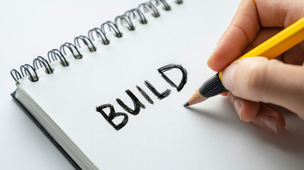 A person is writing the word "build" in a spiral notebook with a pencil