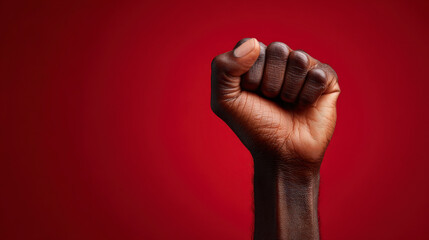 Fototapeta premium A hand with a fist raised on a red background