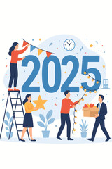 Office Team Decorating for New Year 2025 Celebration, Corporate Party Preparation, Employees Hanging Banners, Lights, Festive Workplace Event, Modern Flat Vector Illustration