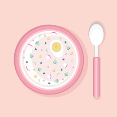 Okroshka, cold soup. Vector Illustration for printing, backgrounds, covers and packaging. Image can be used for greeting cards, posters, stickers and textile. Isolated on white background.