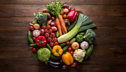 colorful fresh vegetables arranged in symmetrical circular pattern on rustic wooden surface under soft natural lighting showcasing healthy organic produce in top down food composition style