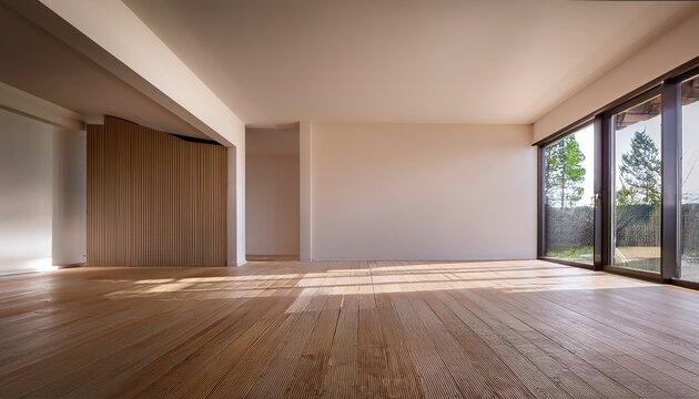 spacious contemporary living space with wooden flooring neutral walls and clean architectural lines under soft natural ambient light wide angle view of modern empty interior