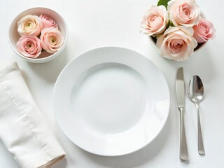 Elegant Table Setting with Pink Roses and White Dinnerware, Perfect for Romantic Occasions