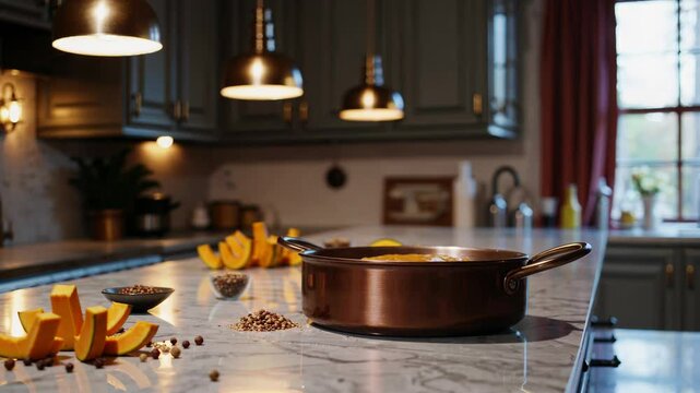 Warm autumn kitchen scene featuring copper pan with pumpkin puree, freshly sliced pumpkin, and aromatic spices arranged on elegant marble countertop with soft, natural illumination