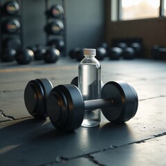 Black dumbbells and water bottle in gym, fitness and health lifestyle concept.