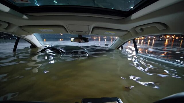 Murky waters gradually inundating vehicle interior during nighttime, revealing dangerous consequences of extreme weather and potential transportation disaster
