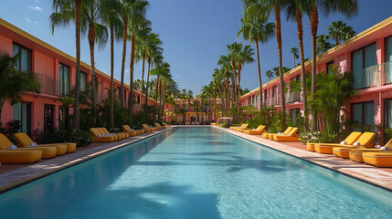 Luxurious resort swimming pool with palm trees and pink buildings on a sunny day providing a tranquil vacation