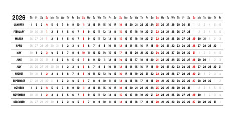 Year 2026 wall calendar with aligned dates, in English. One page timeline, linear and horizontal