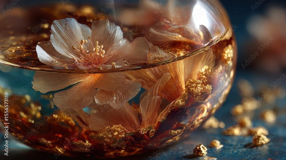 Poster Glass jar containing botanical elements and golden particles creating a decorative and artistic composition with shallow depth of field