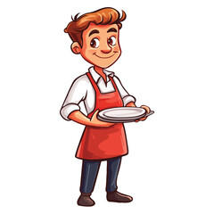 A waiter in a suit holds a tray. Waiter with a dish. Cartoon Vector