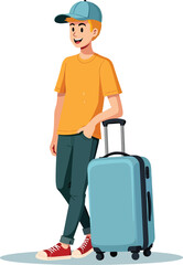 Cartoon traveler ready for vacation with luggage and airplane shirt for travel destination trip