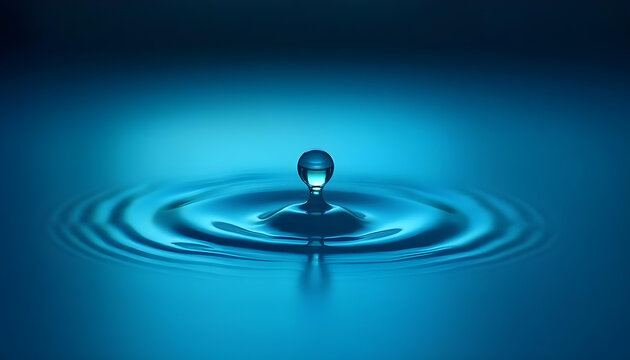Water droplet falling onto mirrored surface with a blue light hue