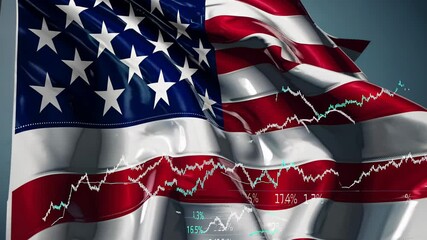 United states flag waving with overlaid stock market data showing percentage changes and trends, creating a visual representation of market fluctuations and economic performance - Powered by Adobe