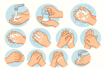 Hand washing technique instruction set. Proper hand hygiene steps to prevent germs, bacteria, and viruses. Educational infographic with cartoon hands, soap, and water. Vector icons.