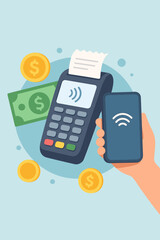 NFC payment system for financial transactions. Hand holding smartphone for contactless payment at POS terminal. Cashless money transfer concept with digital wallet. Modern flat vector.