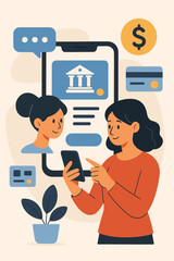 Online banking service concept with customer using mobile phone app. Woman making digital payment or transfer. Financial assistant chatbot support. Modern flat vector illustration.