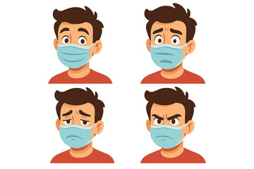 Collection of male character facial expressions wearing a protective face mask. Cartoon vector illustration set of a man feeling angry, sad, worried, and surprised. Pandemic concept.