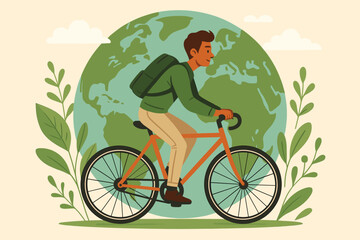 Young man riding bicycle for eco friendly commuting with Earth globe background. Sustainable transport, green lifestyle concept. World Environment Day cartoon vector illustration for ecology.