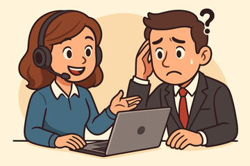 Customer support agent with headset helps a confused businessman with a problem on a laptop. Call center operator consulting a sad client. Tech support concept vector illustration.