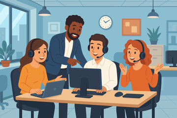 Diverse customer service team collaborating in modern open office, teamwork, communication, support staff with headsets, manager coaching employees, technology workspace, vector illustration