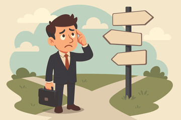 Confused businessman at career crossroads making difficult decision, standing at intersection with blank direction signs, concept of choices, uncertainty, business dilemma, vector cartoon illustration