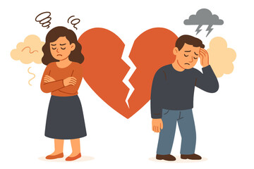 Relationship crisis, divorce, breakup concept. Sad couple, broken heart, emotional conflict, separation, unhappy man and woman, argument, stress, mental health, cartoon vector illustration