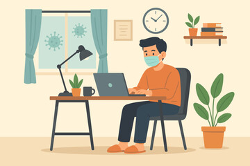Remote work from home office during pandemic. Man wearing face mask working on laptop. Quarantine, social distancing, productivity, modern workspace, coronavirus prevention, vector illustration