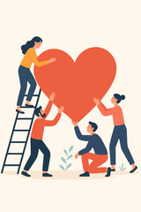 Teamwork Building Big Heart Symbol. People Collaborating for Love, Support, Kindness, Charity, Community, Friendship, Valentine’s Day, Relationship, Togetherness. Modern Flat Vector Illustration