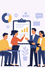 Business teamwork meeting, project management, data analysis, corporate consulting, document management, office collaboration, communication strategy, workflow planning, modern vector illustration