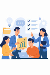 Teamwork project management concept. Business communication, consulting, document management, workflow planning, data analysis, checklist, growth chart, office teamwork collaboration illustration.