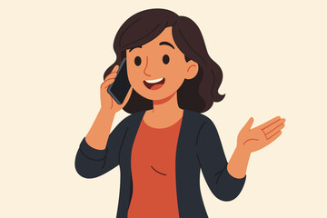 Confident businesswoman talking on smartphone, casual office attire, communication concept, modern woman using mobile device, hand gesture, vector illustration, professional conversation
