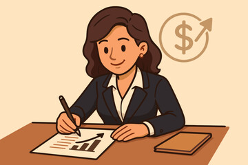 Successful businesswoman signing a financial contract or investment agreement. Professional executive at desk analyzing growth chart. Concept of profit, business deal, and corporate success.