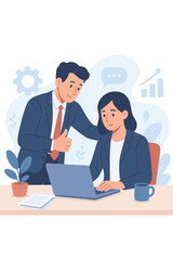 Business mentor supports employee. Manager gives thumbs up for good job. Teamwork, success, and positive feedback in corporate office. Leadership and guidance. Flat vector concept.