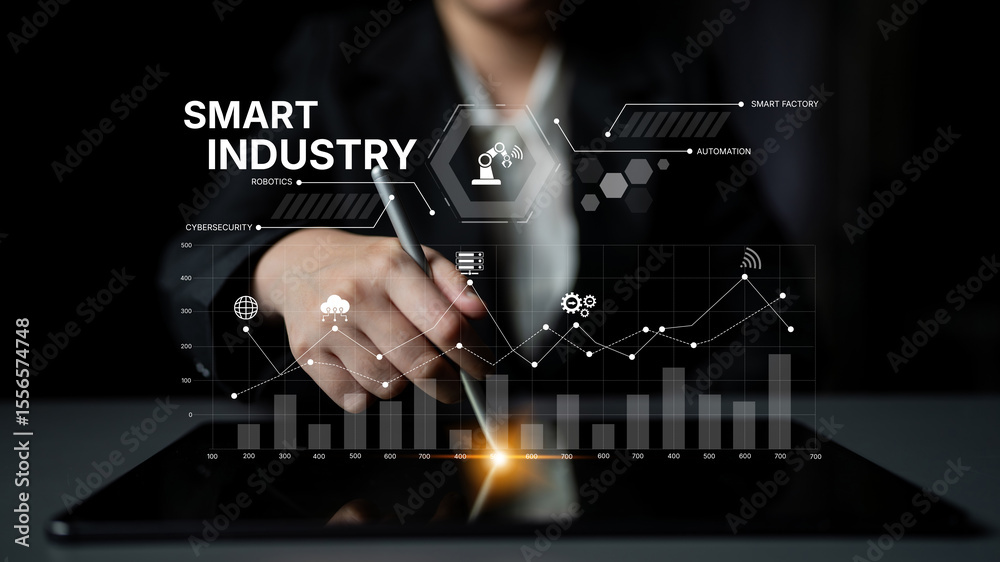 Poster smart industry dashboard combining automation, robotics, cloud integration, cybersecurity, and data 