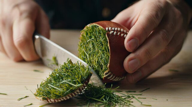 Hands cutting open baseball revealing grass inside &ndash; AI generative model