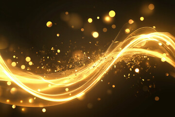 A digital art composition of glowing golden light trails flowing in a curved wave pattern against a dark background. 