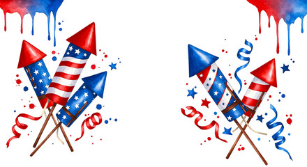 Patriotic fireworks with red, white, and blue decorations for 4th of july