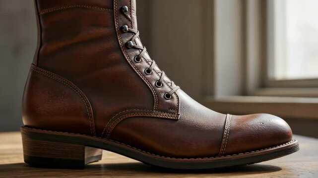 Close-up view of a stylish brown leather lace-up boot indoors