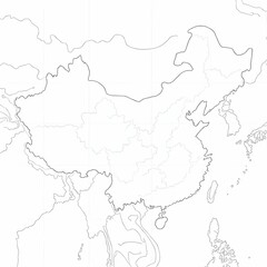 Fototapeta premium Black and white vector map of China showing all provincial-level borders including provinces, autonomous regions, and municipalities, thin black outlines only, no labels, isolated on white background