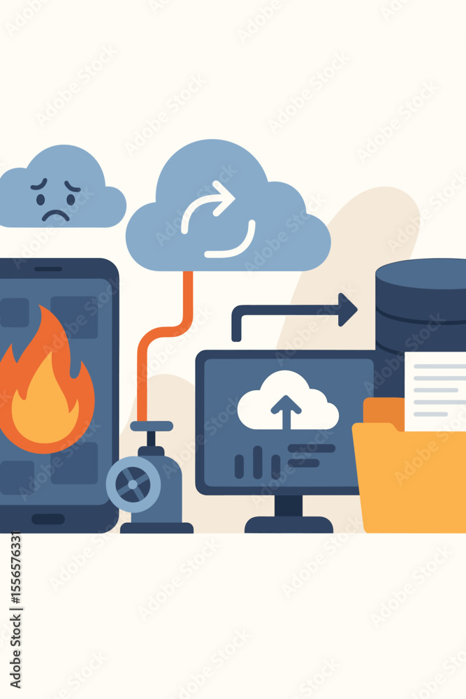 Poster data recovery and cloud backup technology. concept of system failure with phone fire and sad cloud. 