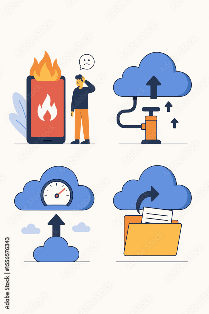 Poster cloud computing icon set. data storage, upload speed, and file backup concept. man stressed by overh