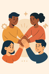 Teamwork and collaboration concept. Diverse group of people putting their hands together. A symbol of partnership, unity, support, and community. Modern flat vector illustration.