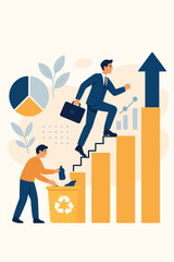 Sustainable business growth and career success concept. Businessman climbs chart stairs for corporate progress. Man recycling waste for environmental responsibility and eco-friendly goals.