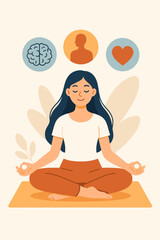 Meditation concept with a woman in lotus pose. Yoga health benefits for mind, body, and emotions. Brain, heart, and spirit icons for mental wellness, harmony, and self-care practice.