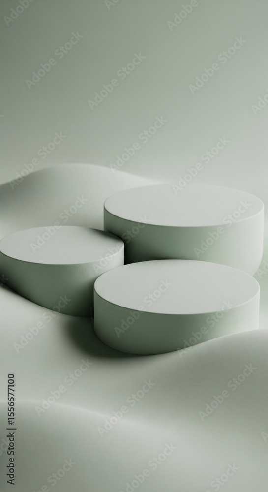 Poster Three pale-green cylindrical podiums rest on a subtly undulating surface, creating a minimalist product display scene, ideal for showcasing items or branding