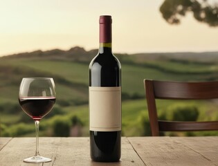 red wine bottle and glass of wine on a table with a blank label and space for text with a vineyard in the background with soft light