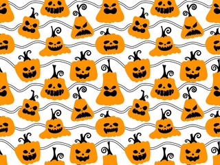 Obraz premium Autumn harvest vegetable seamless monster Halloween pumpkins pattern for wrapping paper and fabrics