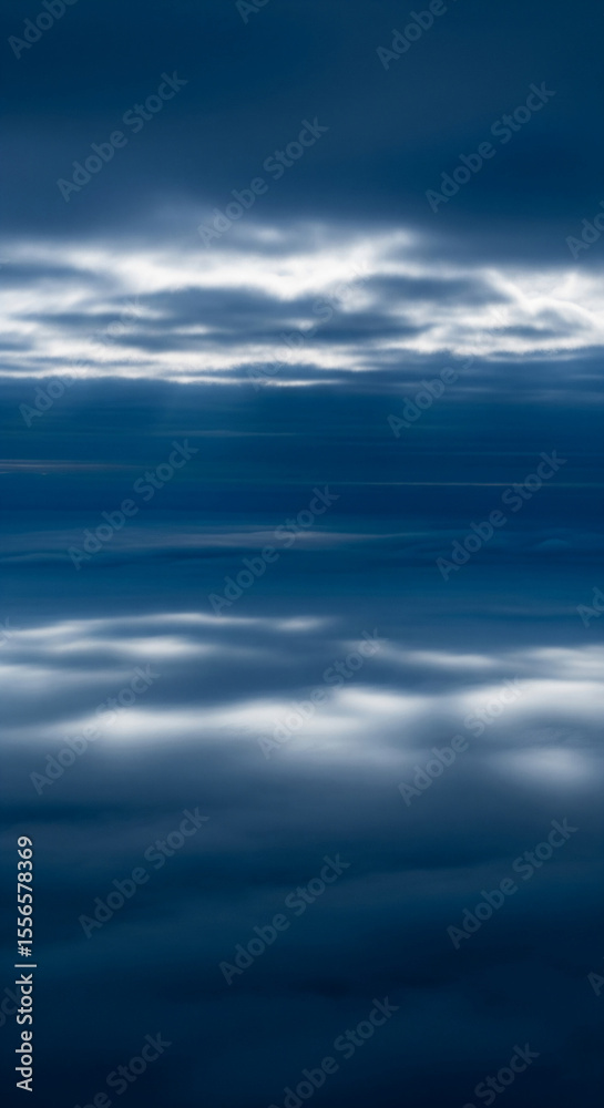 Poster abstract image of layered cloudscape, deep blue and white hues creating a serene, tranquil atmospher
