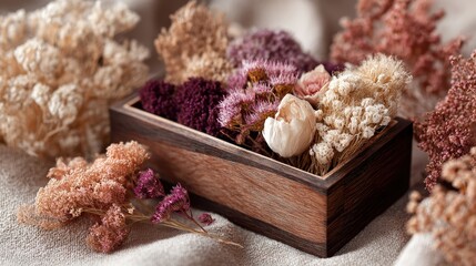 Wooden box displayed with assorted dried flowers in purple, orange, and cream colors as a floral arrangement