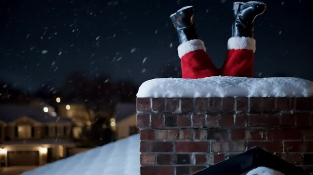 Funny Santa's reindeer and Santa stuck in a chimney.